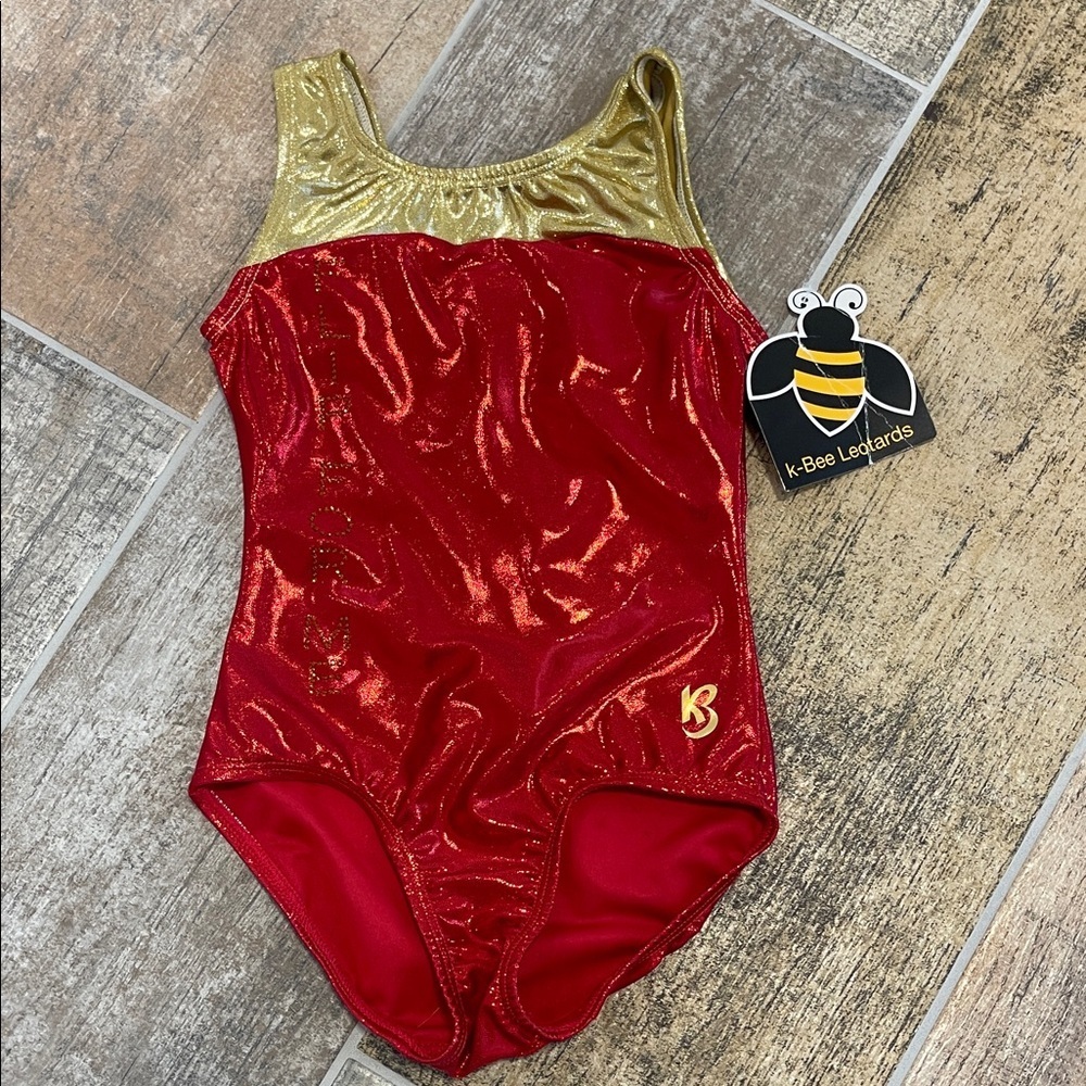 NWT K-Bee Leotards Red and Gold Glitter Gymnastics Leotard Size Child 6/7